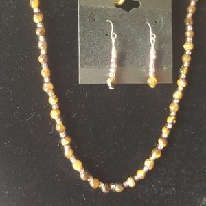 Purple & Tiger's Eye Brown Beaded Necklace Earring